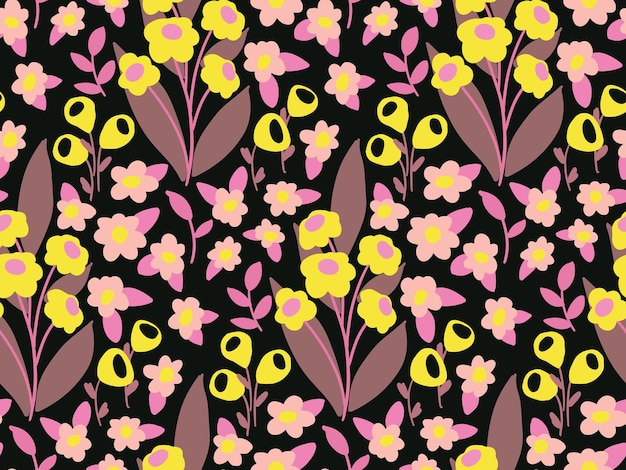 Modern floral print trendy botanical background with summer meadow simple hand drawn flowers grass leaves Seamless pattern with sketch plants on a black field Vector illustration