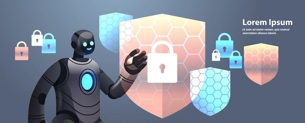 modern robot cyborg with protection shield cyber security data protection artificial intelligence technology