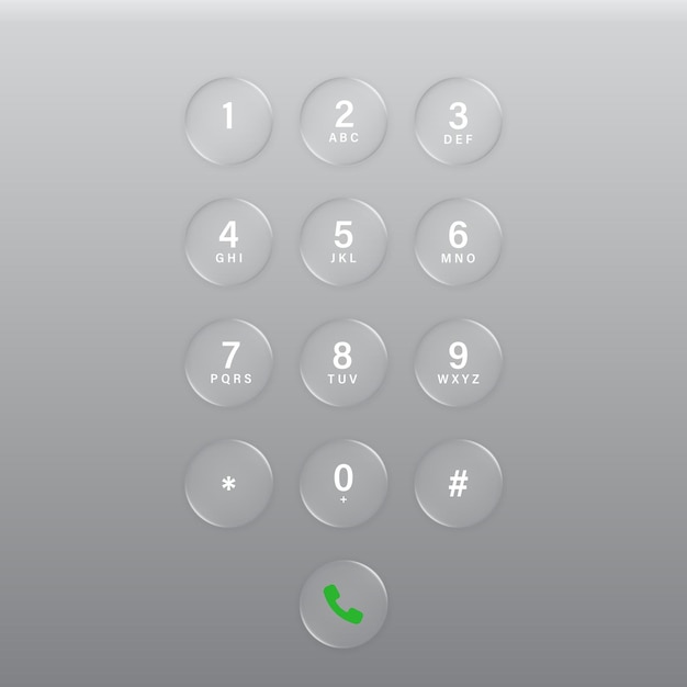 Modern smartphone dial keypad buttons in the style of liquid glass and glossy surface phone numbers panel User interface element for ui ux design Transparent frame and button Vector illustration