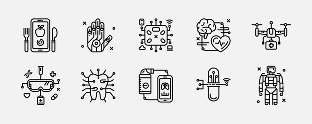 Modern Technologies in Medicine and Artificial Intelligence Vector Outline Icon Set