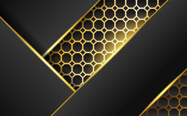 modern technology dark abstract background with gold line and golden rays, overlap layer in paper effect on textured gold hexagon background