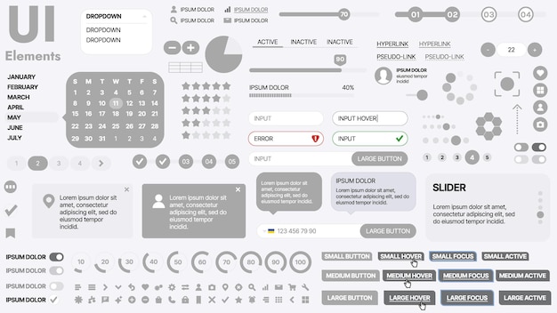 Moderní UI kit obsahující kolekci nezbytných ikon tlačítek a navigačních prvků pro webové stránky a mobilní aplikace. Ideální pro responzivní návrh a panely.