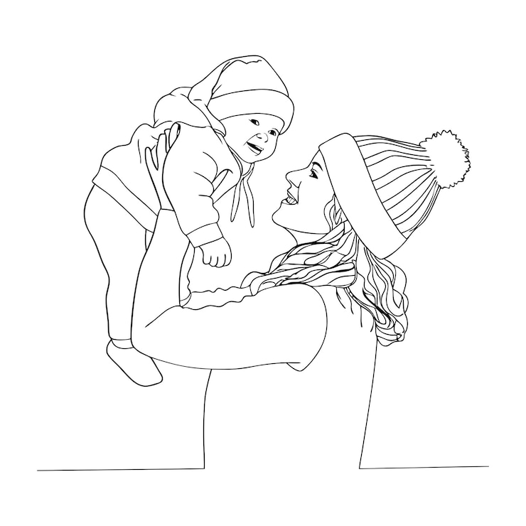 Mom Holds Her Baby With Love Hand Drawn One Line Art Illustration