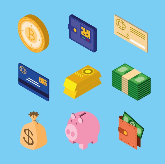 Money isometric coin bills piggy bank
