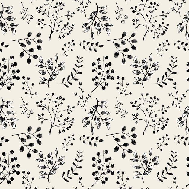 Monochrome floral pattern Seamless background with leaves and branch Hand drawn botanical wallpaper