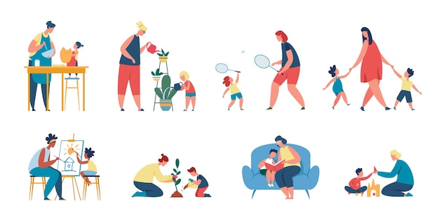 Mother and child spend time together mom and daughter cooking painting Mothers and sons reading playing family activities vector set