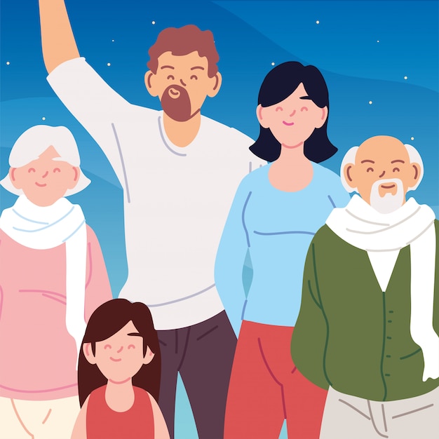 Mother father and daughter with grandparents cartoons vector