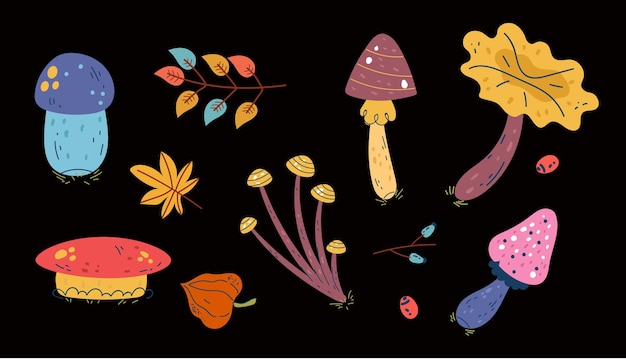 Mushroom forest flora leaf design element collection isolated set Vector design element cartoon