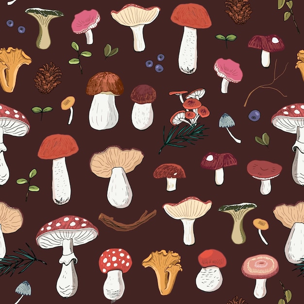 Mushrooms vector forest seamless pattern