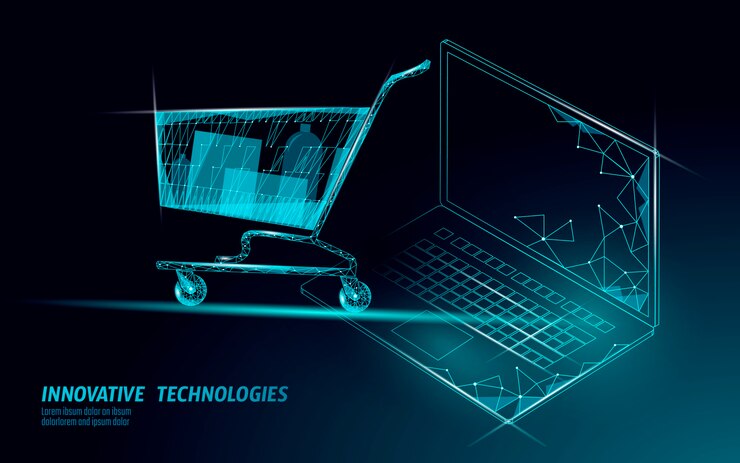 Vektor nákupní vozík. online obchod, notebook, výprodej