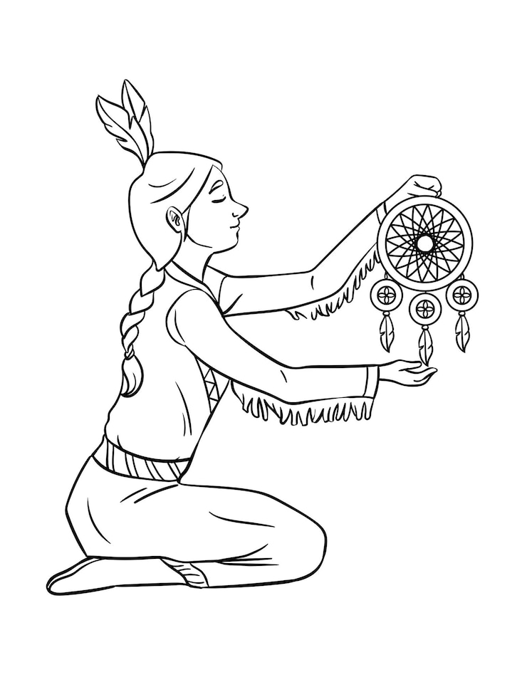 Vektor native american indian girl dreamcatcher isolated