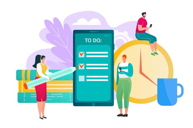 Návrh konceptu kontroly úkolů obchodního plánu vektorová ilustrace Lidé pracují s plochým chytrým telefonem muž žena zaškrtávají kontrolní seznam