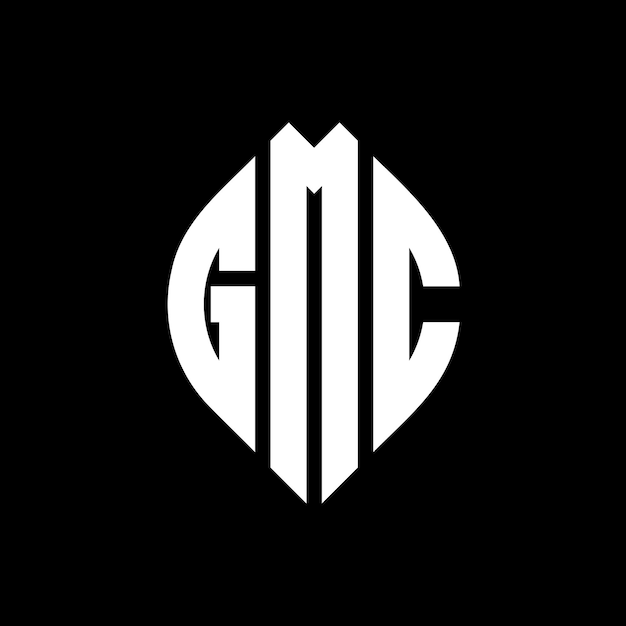 Návrh loga kruhového písmene GMC s kruhem a elipsou Tvar elipsy písmen GMC s typografickým stylem Tři iniciály tvoří kruhové logo GMC Kruhový znak Abstraktní monogram Písmeno Značka Vektor
