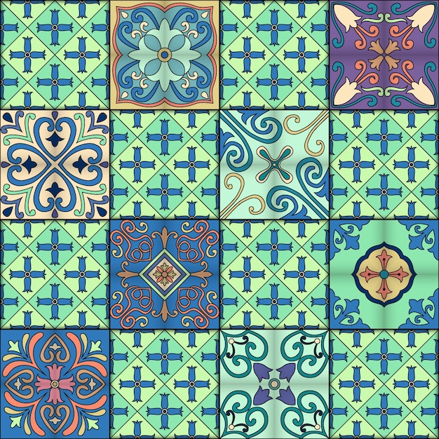 Nekonečný vzor s portugalskými dlaždicemi ve stylu talavera. Azulejo, marocké, mexické ornamenty.