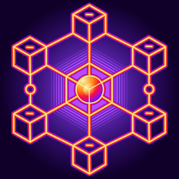 Neon orange blockchain network with a glowing core symbolizing decentralization and data flow
