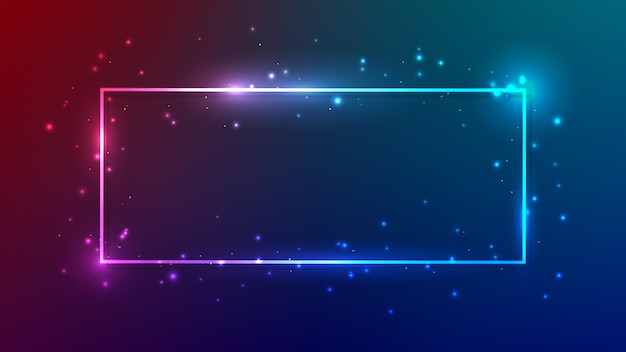 neon rectangular frame with shining effects and sparkles on dark purple background