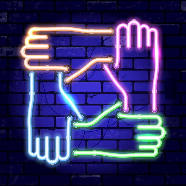 neon signboard joined hands together. teamwork, collaboration or friendship. bright night signboard on brick wall sign. vector illustration realistic neon icon