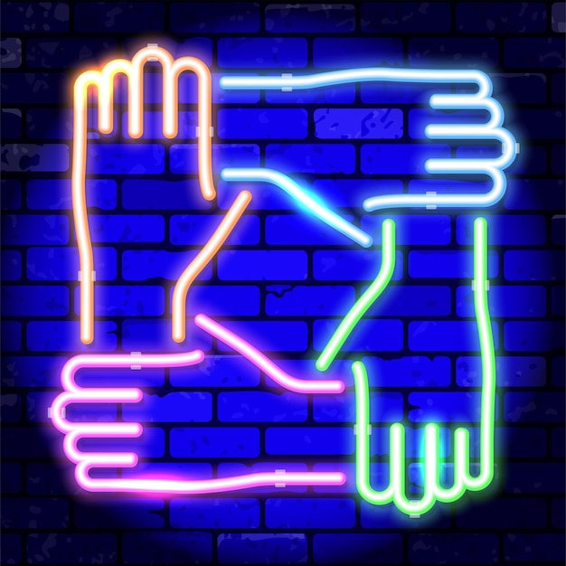 neon signboard teamwork or hands friends