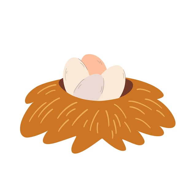 nest with eggs. cartoon funny egg in birds nest of twigs. happy easter. poultry farming theme. vector cartoon illustration isolated on the white background.