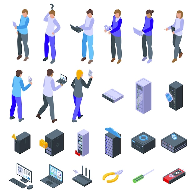 network administrator icons set isometric vector work data safe zone