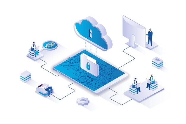 Network security 3d isometric concept with isometry people design for web Users protecting personal data in Internet using secure password access to accounts and cloud storages Vector illustration
