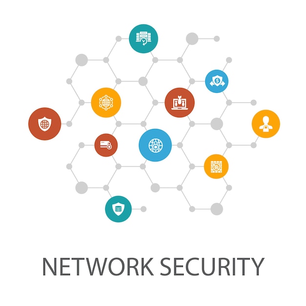Network security presentation template, cover layout and infographics. private network, online privacy, backup system, data protection icons
