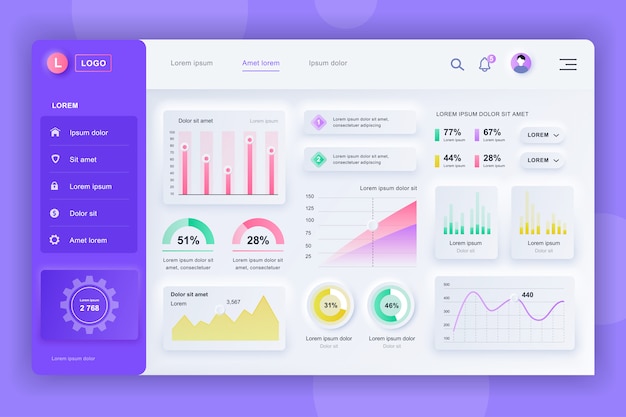 Neumorphic dashboard UI kit. Admin panel template with infographic elements, HUD diagram, info graphics. Website dashboard for UI and UX design web page. Neumorphism style.