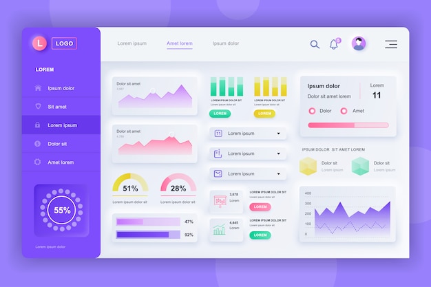 Neumorphic dashboard UI kit. Admin panel template with infographic elements, HUD diagram, info graphics. Website dashboard for UI and UX design web page. Neumorphism style.