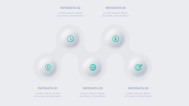neumorphic flow chart infographic creative concept for infographic with 5 steps options parts or processes