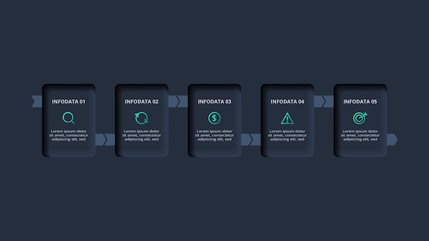 Neumorphic flowchart dark iinfographic Creative concept for infographic with 5 steps