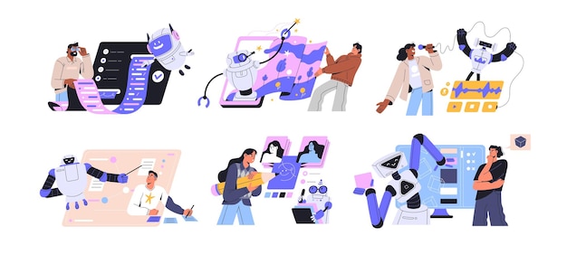 neural networks and artificial intelligence concept set automation futuristic robot assistant machines ai technologies helping at work flat vector illustrations isolated on white background