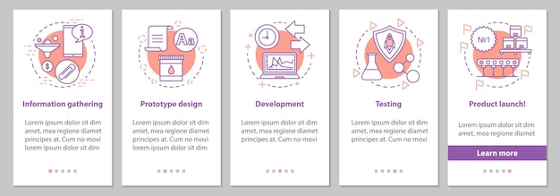 New product launch onboarding mobile app page screen with linear concepts. Manufacturing process steps graphic instructions. UX, UI, GUI vector template with illustrations