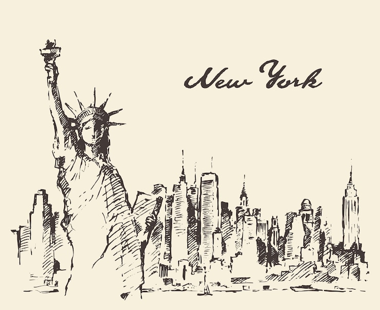 Vektor new york city skyline with statue of liberty on front, vector illustration, hand drawn, sketch