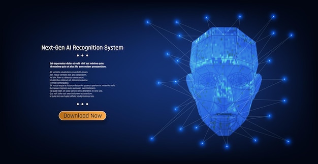 Next generation AI recognition system showcasing a 3D digital facial model on a deep blue background
