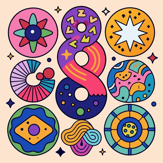 nine circular patterns each unique and filled with different colors and shapes creating a visually appealing composition