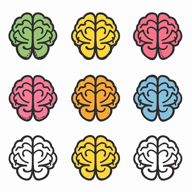 Nine colorful brain icons arranged grid different twotone color scheme Brain illustrations