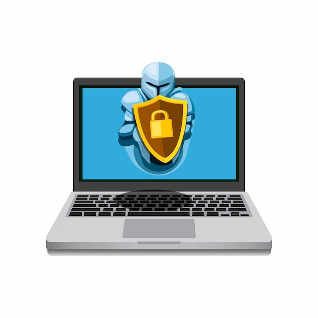 notebook with knight hold shield guard. computer internet security software from malware symbol concept in cartoon 