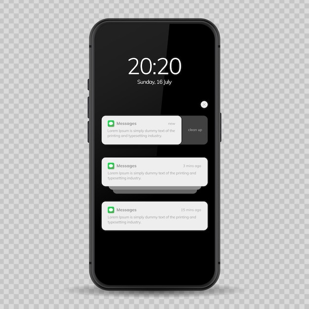 Notification screen UI design Phone notification windows template on a dark background Smartphone