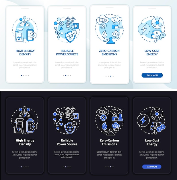Nuclear power pros onboarding mobile app page screen. Energy density walkthrough 4 steps graphic instructions with concepts. UI, UX, GUI vector template with linear night and day mode illustrations