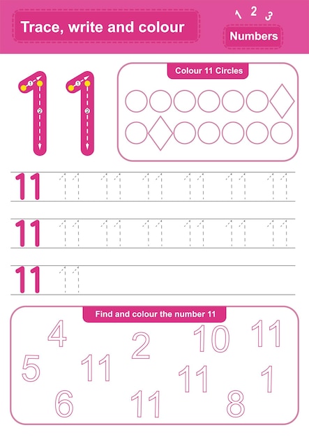 Number 11 Trace color and count worksheet