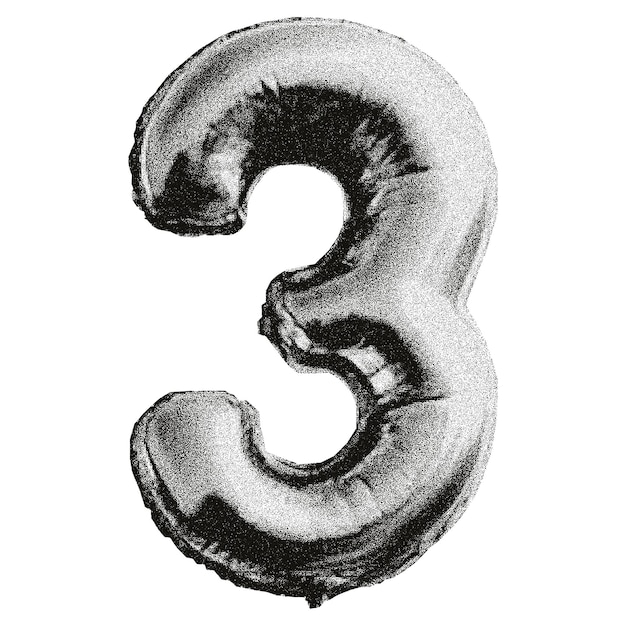 Number 3 with a grainy dotted texture Foil balloon shaped like the number 3 Y2Kstyle collage