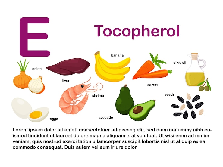 Vektor obdélníkový plakát s potravinami obsahujícími vitamin e tokoferol lékařská dieta zdravé stravování infografiky produkty s názvem plochá kreslená ilustrace jídla izolovaná na bílém pozadí