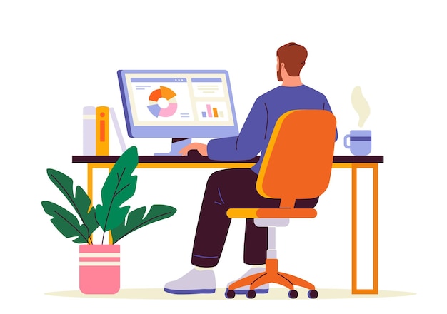 office desk person concept man sitting near computer with graphs and diagrams young guy with pc worker at workplace cartoon flat vector illustration isolated on white background