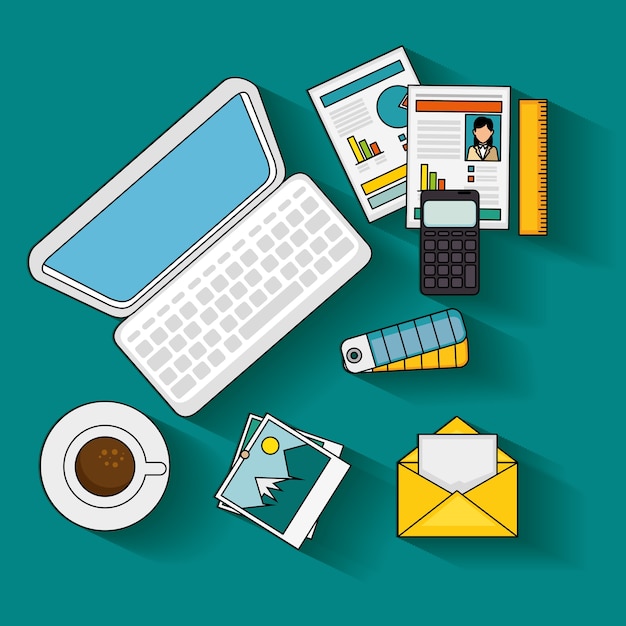 Office supplies top view over teal background vector illustration