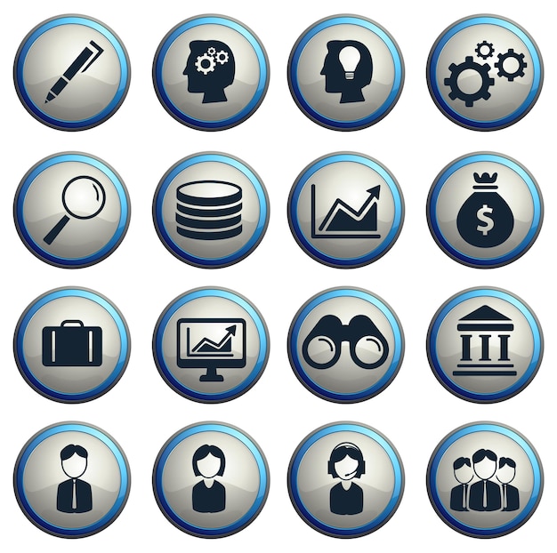 Office symbols dark icons on gray round buttons