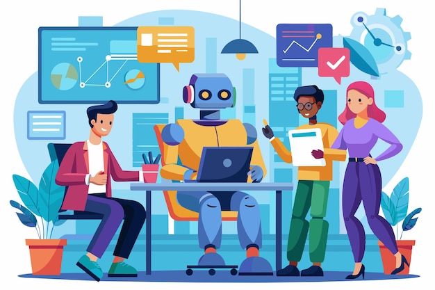 Office Team Collaborating with AI Robot on Project