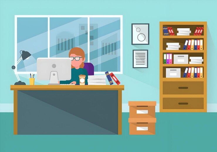 Vektor office worker at desk with computer and bookshelf