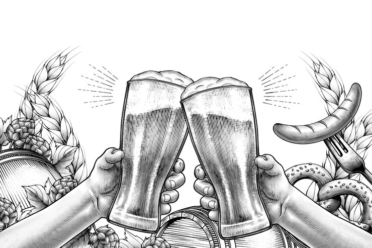 Vektor oktoberfest celebration design in engraved style, hands holding beer glasses and cheering on white background filled with ingredients