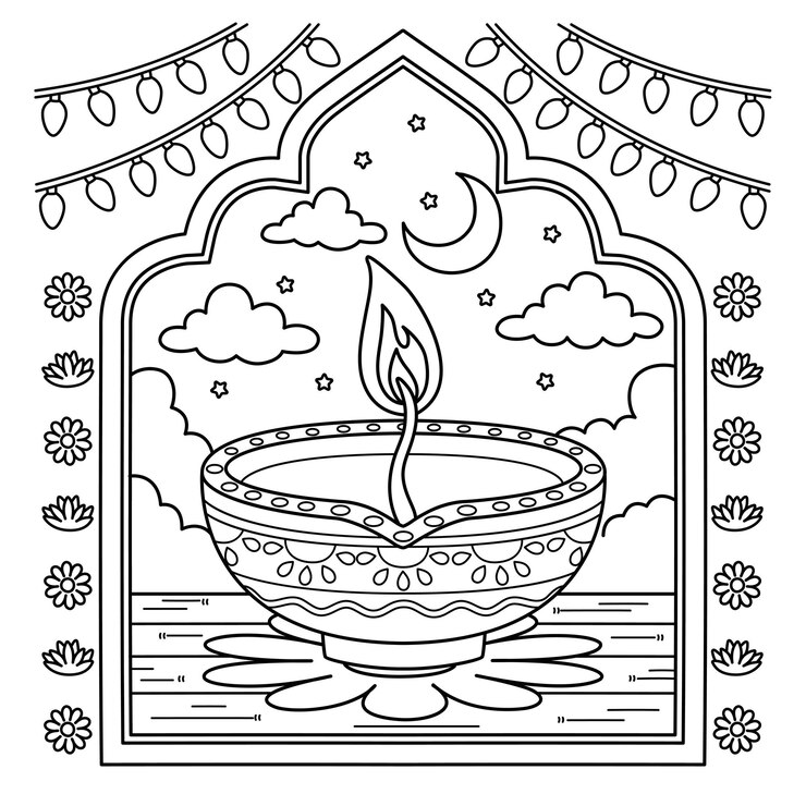 Vektor omalovánka diwali diyas pro děti
