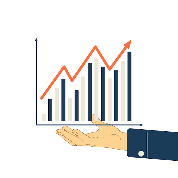 On the palm of a person's hand is a growing economic graph. Progress arrow moves up.